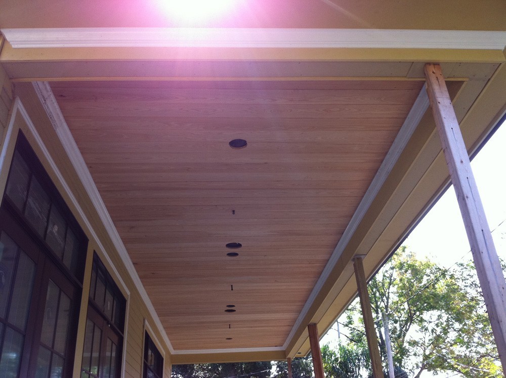 Porch ceiling with wood planks and recessed lights - Strong Shield