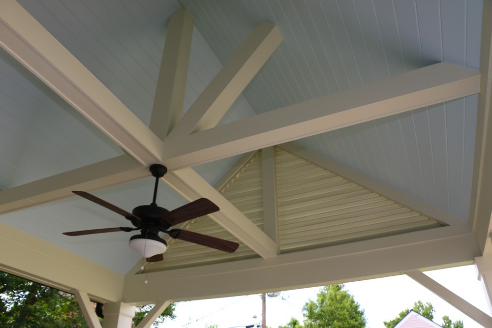 Blue bead board porch ceiling with white craftsman beams - Strong Shield