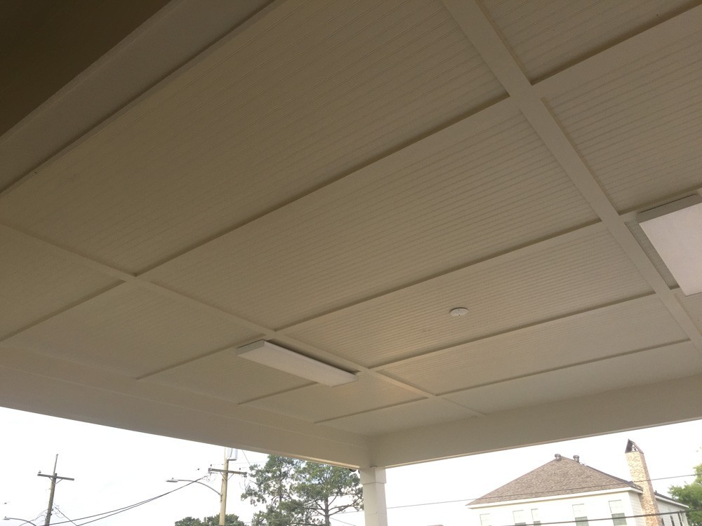 Large porch ceiling with bead board and trim - Strong Shield