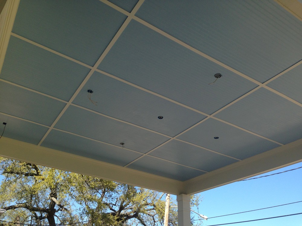 Tall blue porch ceiling with white trim - Strong Shield