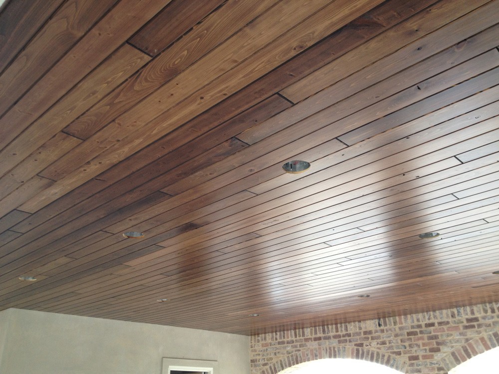 Wood porch ceiling with can lights - Strong Shield