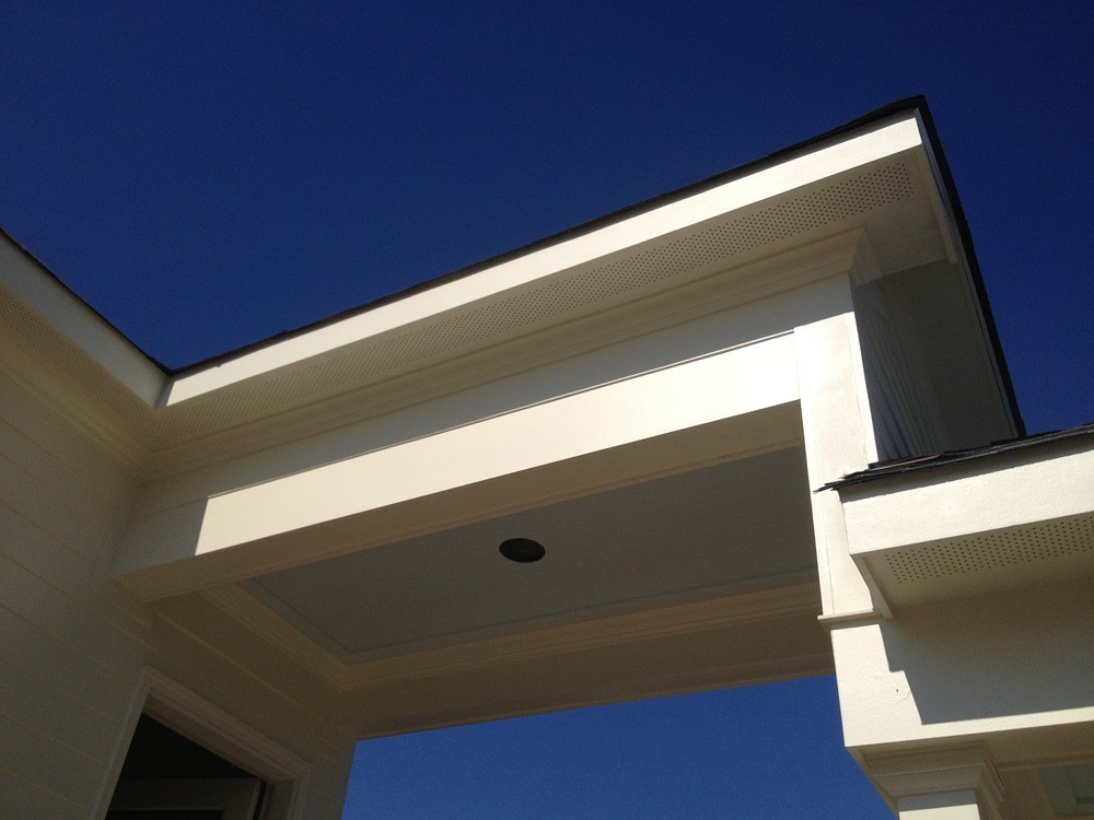 Beadboard walkway ceiling with recessed light, craftsman trim - Strong Shield