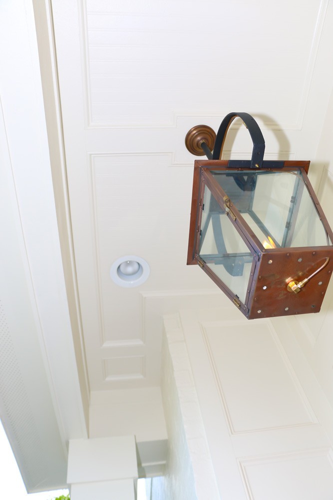 Bead board ceiling with coffered style trim, gas lantern - Strong Shield