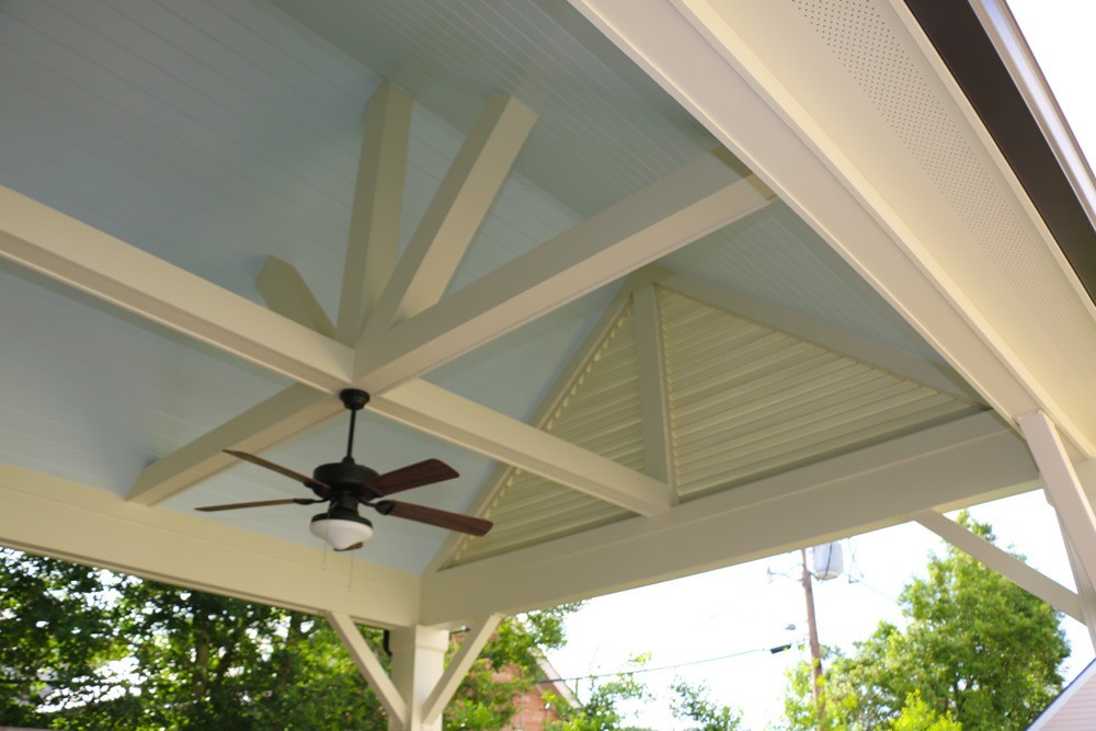 Cathedral style porch ceiling with wood beams - Strong Shield